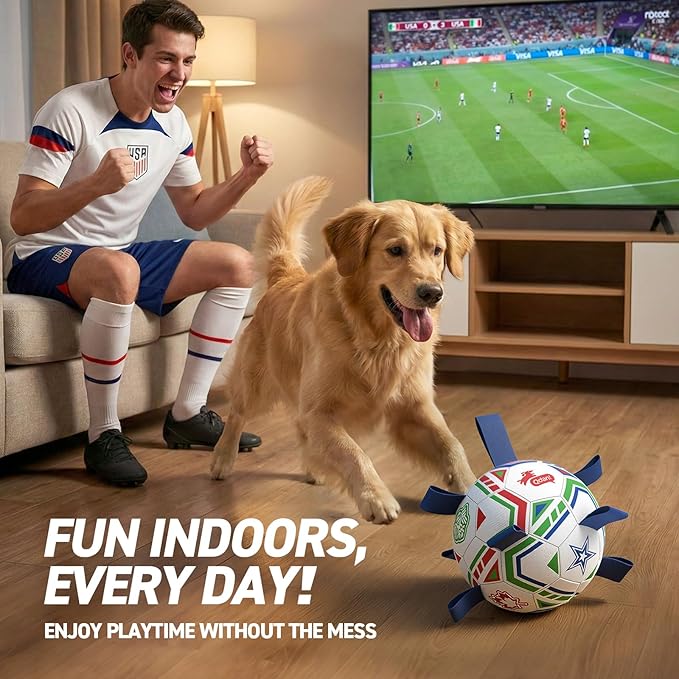 QDAN World Cup Soccer Ball for Dog, 8 Inch Dog Balls with Straps for Interactive, Tug and Training, Indoor Outdoor Toys for Medium & Large Dogs, 2026 Herding Ball