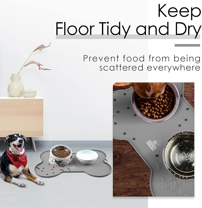 Super Design Dog Food Mat Dog Bowl Tray for Food and Water, Silicone Non-Spill Waterproof Pet Feeding Mat Puppy Placemat Easy-Clean, 20.5" x 14.5", Grey