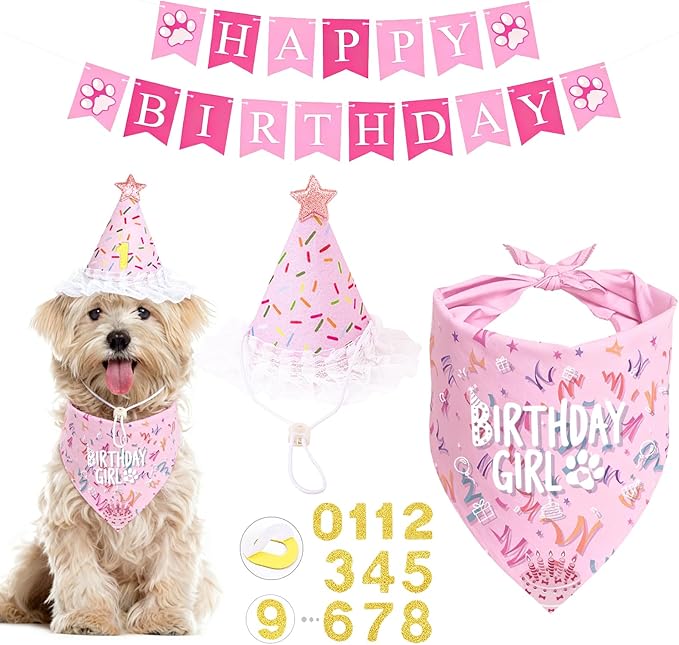Dog Birthday Party Decorations, Adjustable Dog Bandana Set with Hat, Numbers, Banner for Pet Party Supplies Festive Accessories Large Medium Small Pet Puppy Dogs, Pink