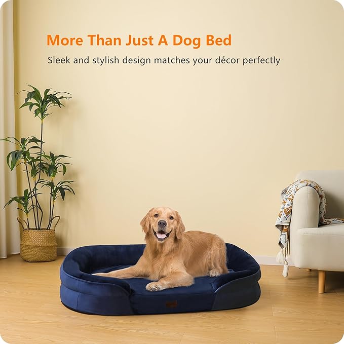Dwanton Orthopedic Dog Bed for Large Dogs with Gel Memory Foam, Waterproof Dog Sofa, Washable Pet Bed with Four Sided Bolster Cushion, Removable Cover & Non-Slip Bottom, 42", Navy Blue