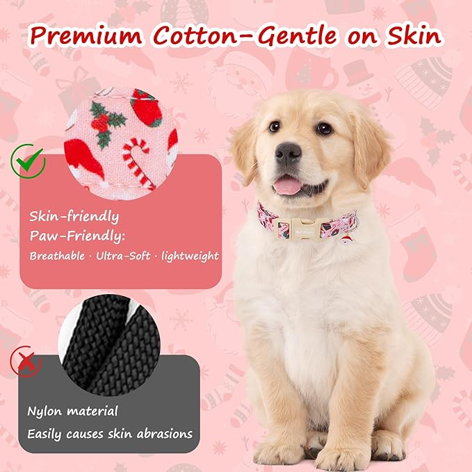 Christmas Dog Collar, Soft Winter Dog Collars for Large Dogs with Santa & Snowman Design, Cute Pink Christmas Collars for Dogs, Festive Holiday Dog Collar for Girl Boy Dogs Gift-L