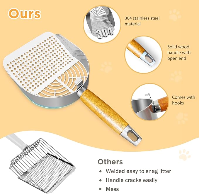 Stainless Steel Litter Scoop, Kitty Litter Scooper, Metal Cat Litter Scoop, Kitten Pooper Lifter, Cat Scooper, Kitty Metal Scooper with Holder for Cat Litter Box Round Holes Easy Cleaning