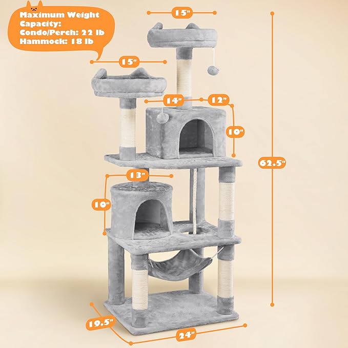 Topeakmart 62.2 inches Cat Tree with Double Condos, Scratching Posts & Hammock, Kitty Activity Tree Center Kitten Play House