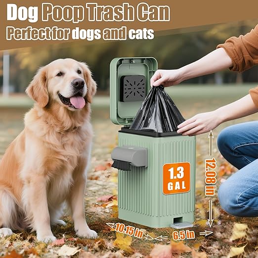Dog Poop Trash Can for Outside & Indoor, 5L/1.3Gal Small Pet Waste Bin with Odor Control Carbon Filter, 2-Way Open (Step & Press Top), Dog Waste Container with Trash Bag Holder, Green