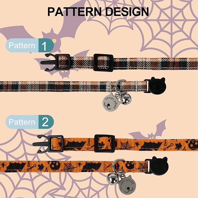 Lionet Paws 2pcs Pack Cotton Cat Collar,Breakaway Buckle with Halloween and Brand Pendant Cute Adjustable Cat Kitten Collar,Ideal for Girl Cats