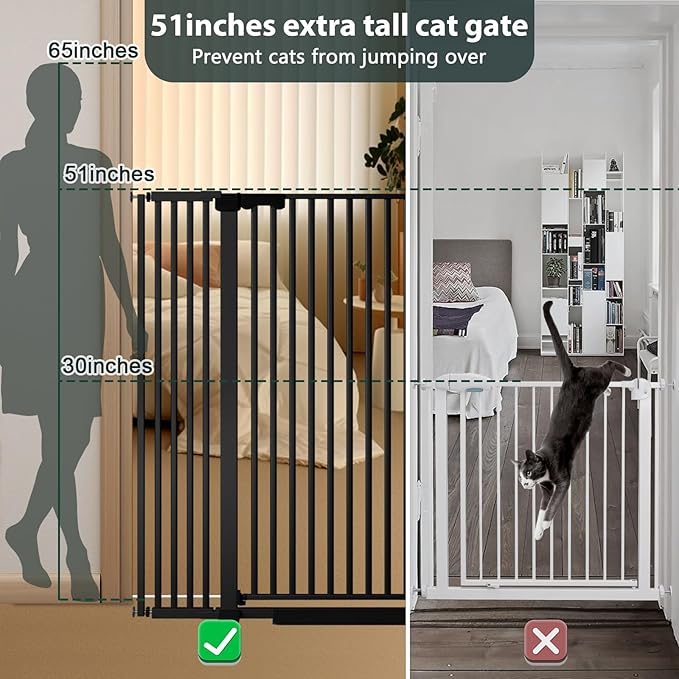 51'' Extra Tall Cat Gate 30-49.2'' Wide for Doorways Hallways, Pressure Mounted Pet Barrier Dog Gates No Drilling Auto Close, Cat Fence Indoor Climb Proof (Black)