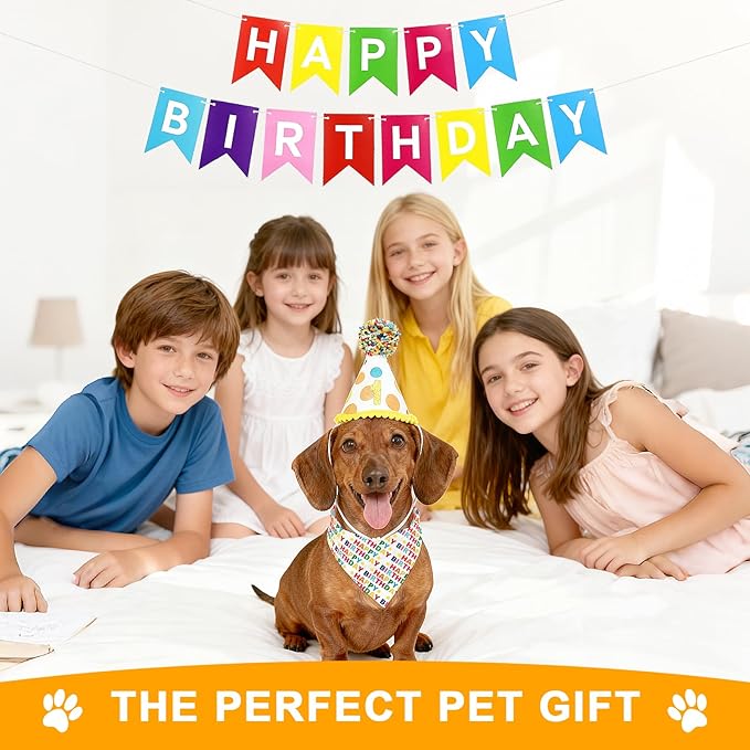 Dog First Birthday Party Decorations, Adjustable Dog Bandana Set with Hat, Numbers, Banner for Pet Party Supplies Festive Accessories Large Medium Small Pet Puppy Dogs, Color