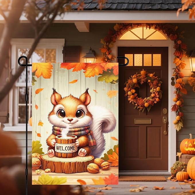Fall Everyday Garden Flag 12x18 Inch Cute Red Squirrel with Hot Cocoa and Welcome Sign, Yard Flag Double Sided for Outdoor Fall Porch