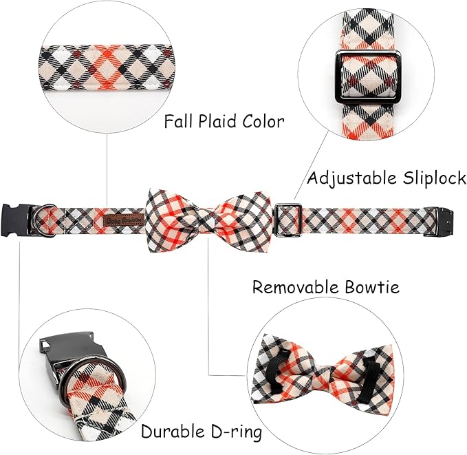 Dog Collar, Bow Dog Collar Beige Plaid Pet Collar Cute Pet Bow Soft Girl or Boy Puppy Collars with Metal Buckle Adjustable Collars for Small Dogs