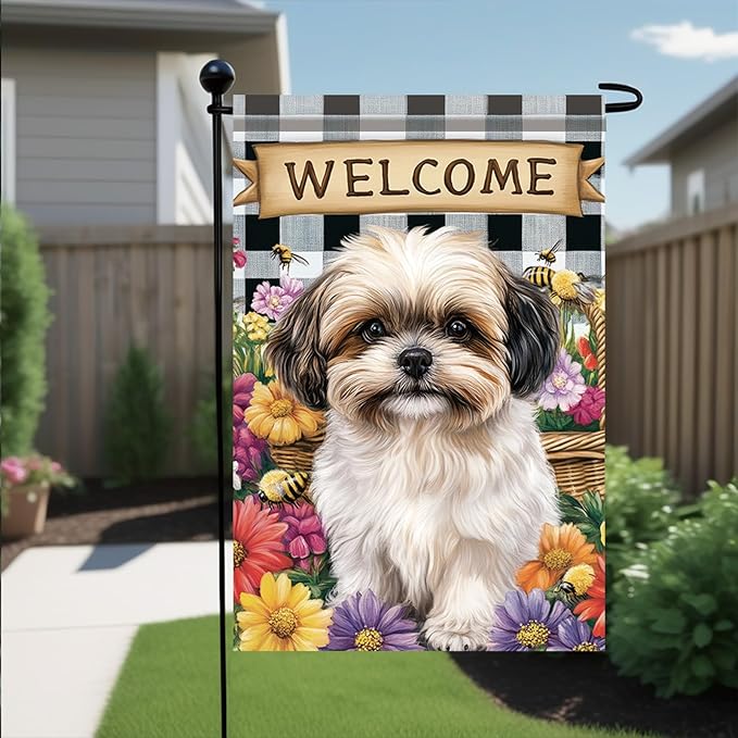 Spring Summer Garden Flag Shih Tzu Dog Flag 12x18 Inch Double-Sided Cute Puppy Yard Banner Buffalo Plaid Floral Outdoor Decor for Porch Lawn Pathway Dog Lover Housewarming