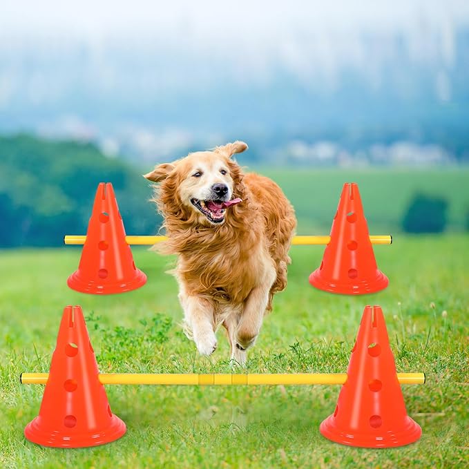 10 Sets Dog Agility Hurdle Cone Set 20 Pcs Exercise Cones with 10 Pcs Rods Adjustable Obstacle Portable Agility Training Equipment Canine Pole(Orange and Yellow)