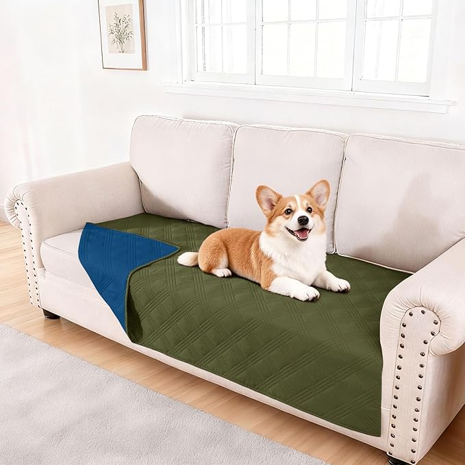 hyha Waterproof Dog Blanket, Reversible Pet Bed Blanket, Soft Sofa Couch Cover for Dogs Washable, Waterproof Pet Couch Covers for Sofa Puppy Cats Furniture Protector(40"x70", Green/Navy Blue)
