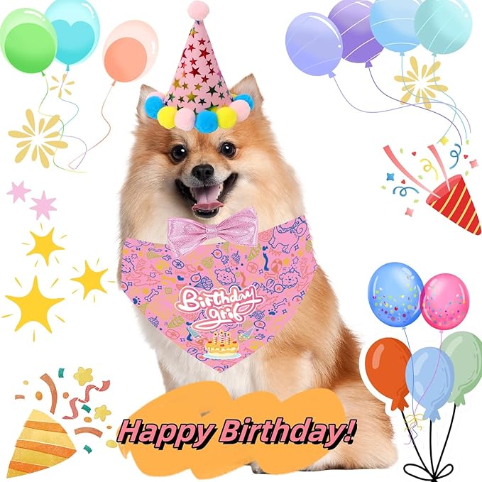 Happy Birthday Dog Party Supplies Kit - Dog Party Hat, Bandana, Bowtie & Happy Birthday Banner Decorations for Small Dogs, Puppy Birthday Outfit Accessories & Pet Birthday Party Decor (Pink)