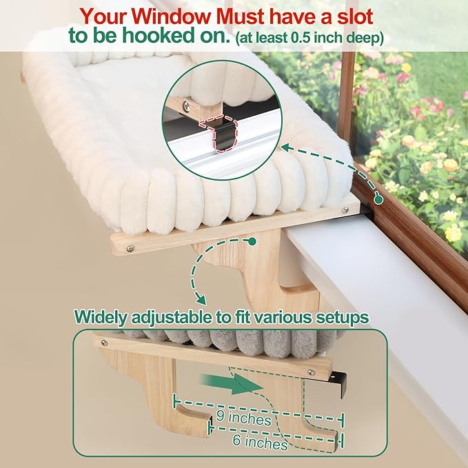 Zakkart SnugCloud Cat Window Perch with 4-Sided Bolster - Large Cat Hammock for Window Sill - Solid Hardwood & Metal Frame - Window Seat for Pets (Natural Color Wood w/Gray Bed, Large)