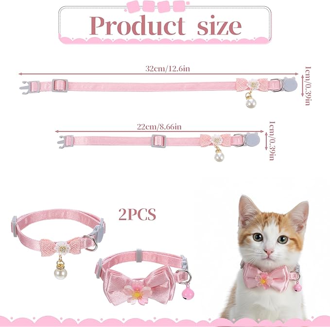 Larrel 2 Pcs Pink Cat Collar Bow, Adjustable Comfortable Pearl Cat Collar with Bow Cute Collars for Girl Cats Breakaway Kitten Accessories with Safety Buckle for Preventing Cats from Get Lost