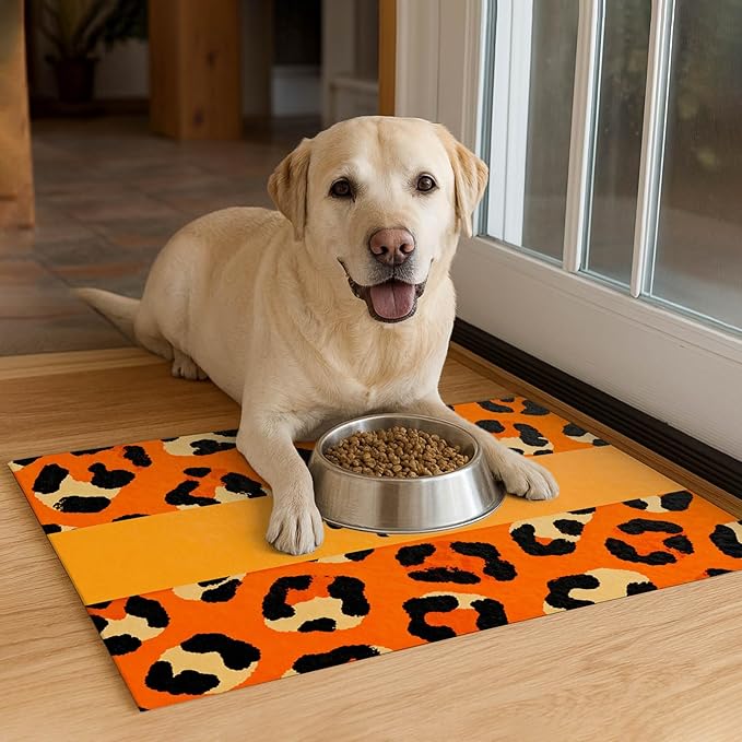 Puppy Feeding Mat 24x16 inch Orange Leopard Print Pet Bowl Placemat Non Slip Floor Mat for Food and Water Indoor Dog Feeding Station Cute Meal Pad for Small Pets Kitchen Use