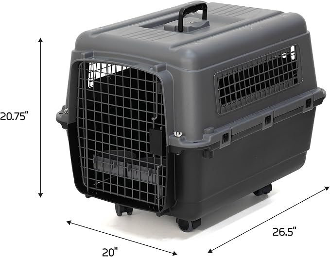 SportPet Airline Compliant MEDIUM 24.25" Travel Dog Kennel-Durable Plastic Airline Pet Carrier w/ Removable Wheels & Food Bowls, Collapsible Indoor/Outdoor Dog Kennel, Dogs up to 23"L & 15"H-Dark Gray