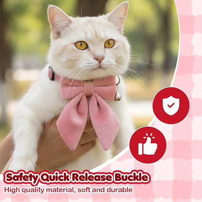 2Pcs Cat Collars for Girl Cats Breakaway Pink Cat Collar with Removable Bow Adjustable Kitten Collar with Bell for Cute Kitten Girl Cats （Pink Red）