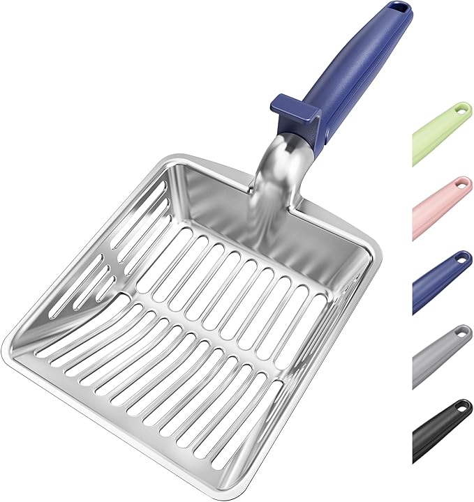 Metal Cat Litter Scoop, Large Cat Scooper with Deep Shovel & Dual Sifting Holes for Fast & Precise Sifting, Space Aluminum Kitty Litter Scooper with Long Handle & Easy-to-Hang Hook - Blue