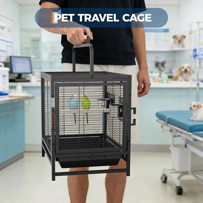 Bird Travel Carrier Cage, 19Inch Wrought Iron Small Bird Cage for Parrots Conures Lovebird Cockatiel Parakeets Black
