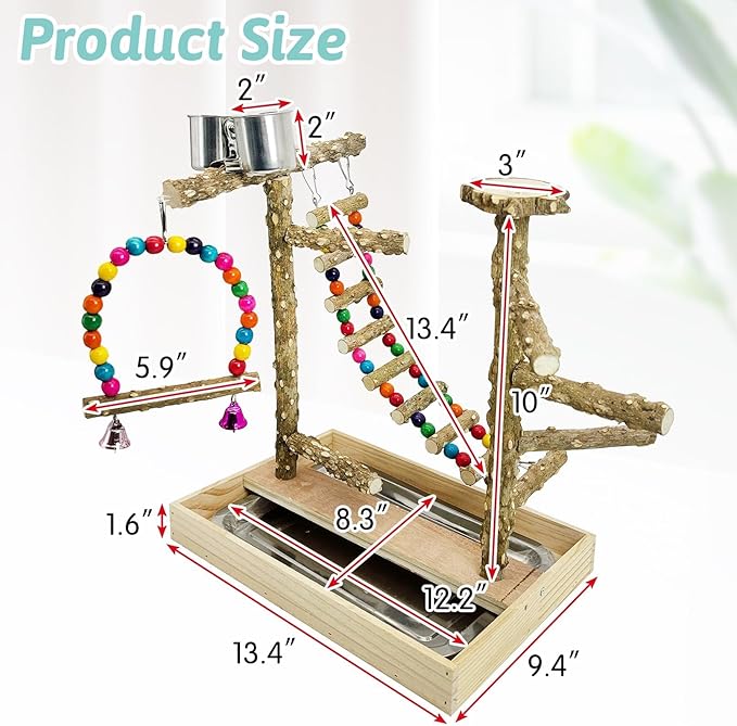 PINVNBY Bird Playground Natural Wood Bird Play Stand with Climb Ladder Swing Tray and Stainless Steel Cups Cage Accessories for Conure Cockatiel Parakeet Lovebird