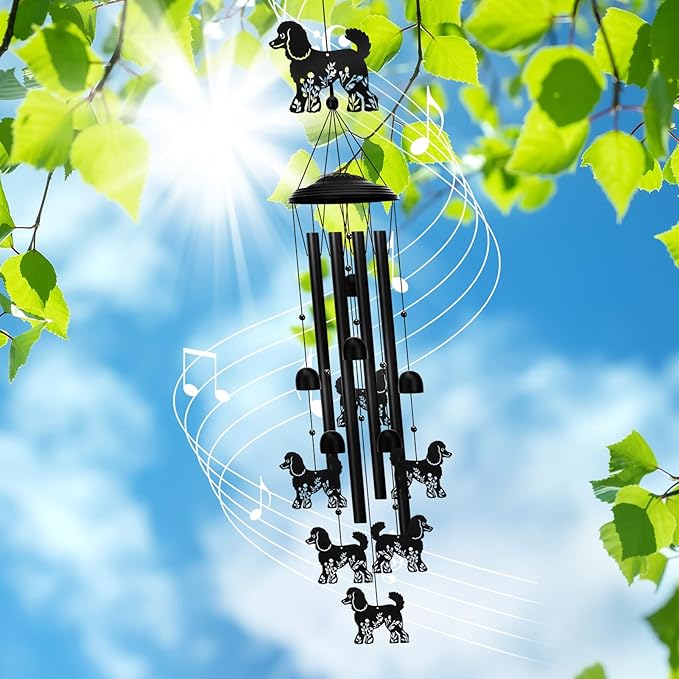 Poodle Wind Chimes for Garden, 34.6 Inch Weather-Resistant Metal Windchime with 4 Aluminum Tubes, Pet Memorial Gift for Dog Lovers, Patio & Yard Deco