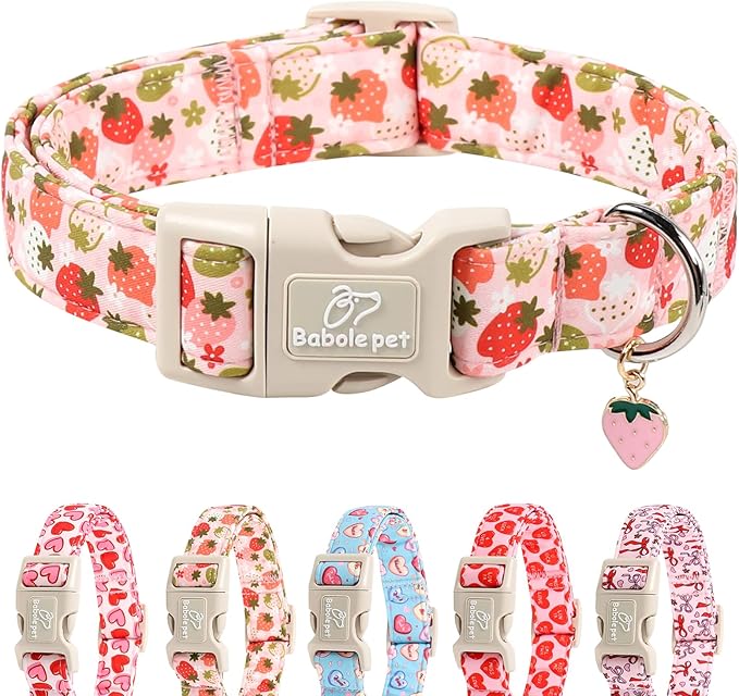 Strawberry Dog Collar for Large Dogs - Cute Spring Pink Dog Collars, Summer Pastel Puppy Collars, Soft Adjustable Boy Girl Dogs Collar with Quick-Release Buckle XL