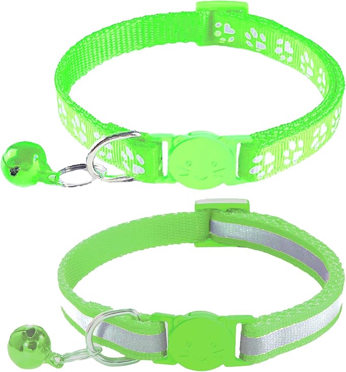 2 Pack Breakaway Cat Collars with Bells, Reflective Design and Claw Print Design, Safety Buckle, Adjustable 7.5-12.5 Inches for Kittens & Cats (Fluorescent Green)