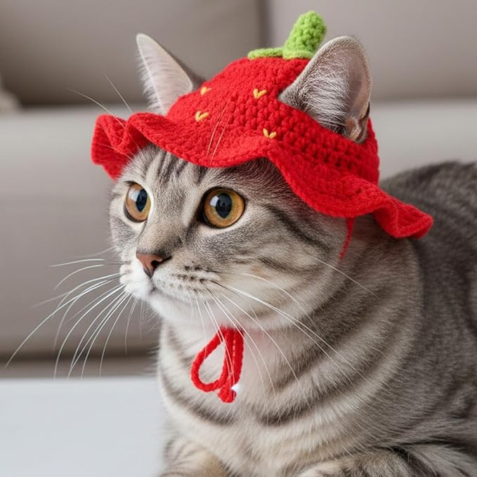 2PCS Strawberry Cat Hats Cute Flower Crochet Hats for Cats Small Pets Birthday Party Christmas Halloween Easter Travel Accessories Puppy Hat