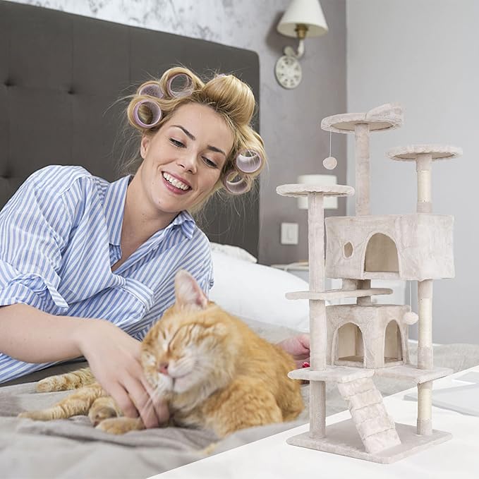 Heavy Duty Cat Tree Tower, 54" Tall Cat Tower for Indoor Cats with Cat Scratching Post with Bed, Cat Condo, Hanging Ball, Multi-Level Cat Climbing Tower Cat Trees Furniture Activity Center, Beige