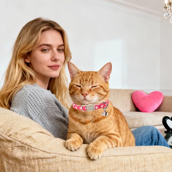 Valentine's Day Cat Collar,2 Pack Cat Collars Breakaway with Bell, DOGWONG Safety Buckle Cat Collar Blue Heart for Girl Boy Cats and Small Dogs，Adjustable 7-12 Inch,Pet Supplies Accessories