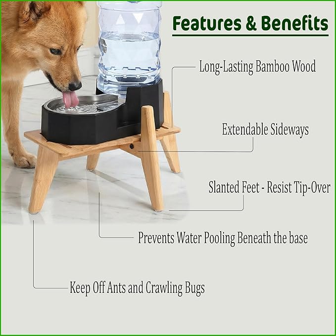 Dog Water Bowl Dispenser Stand - Elevate/Raise Automatic Dog Feeder, Food/Water Dispensers - Adjustable, Fits Various Shapes and Sizes - Natural Bamboo