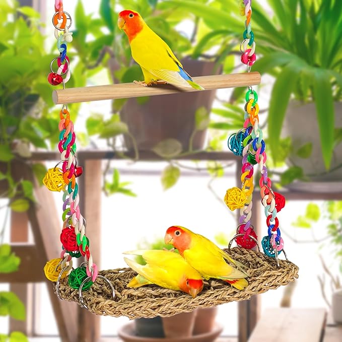 Natural Bird Swing Toys with Wood Perch,Double Layer Bird Seagrass Woven Climbing Hammock with Chewable Perch Stand Chewing Toy for Parakeets,Budgies,Conures,Cockatiels,Lovebirds