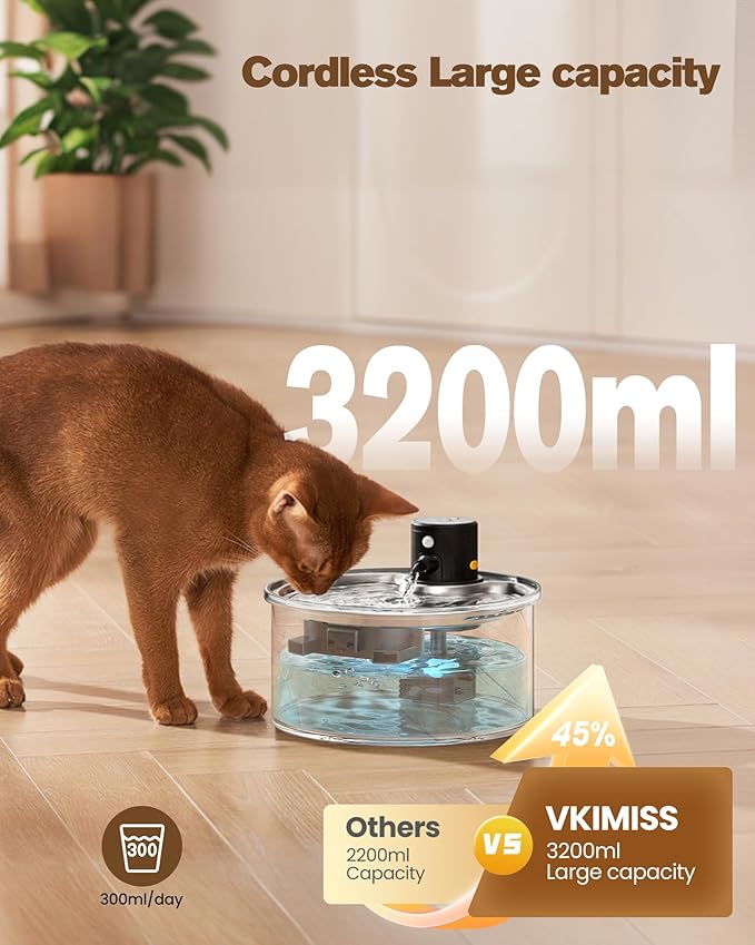 Wireless Cat Water Fountain Cordless: 108oz/3.2L Battery Operated Pet Fountain with Stainless Steel Water Tray + Plastic Barrel (Cat Fountains with 8 Filters & 8 Sponges)