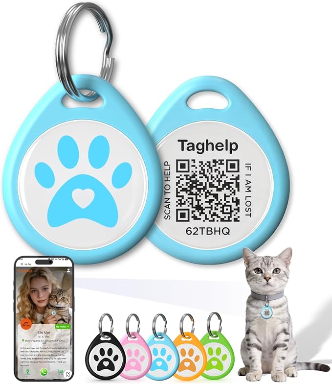QR Code Cat ID Tag for Collar, Smart Pet ID with Online Profile, Instant Scan to Contact Owner & Location Email Alert, Silent Anti-Lost Cat Tag, No App or Subscription, Blue 1”