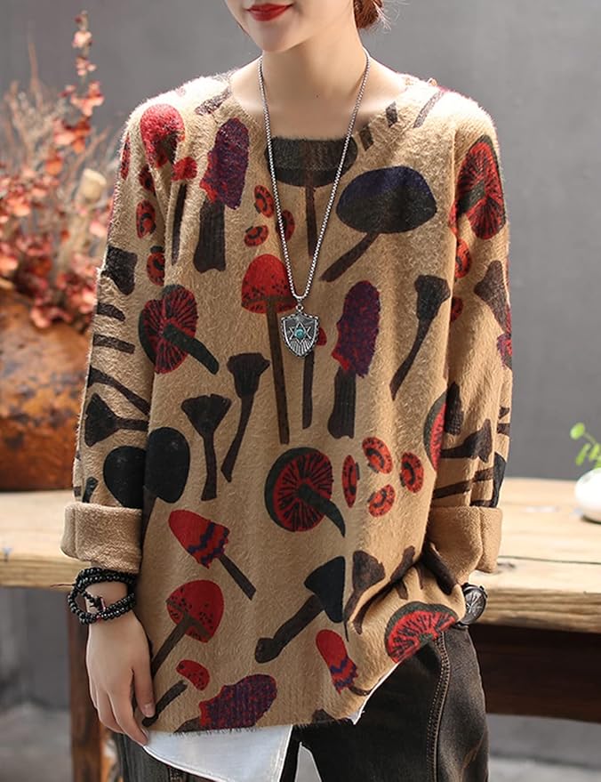 YESNO Women Christmas Sweater Graphic Printed Oversized Pullover Sweaters Casual Loose Knit Tops S01