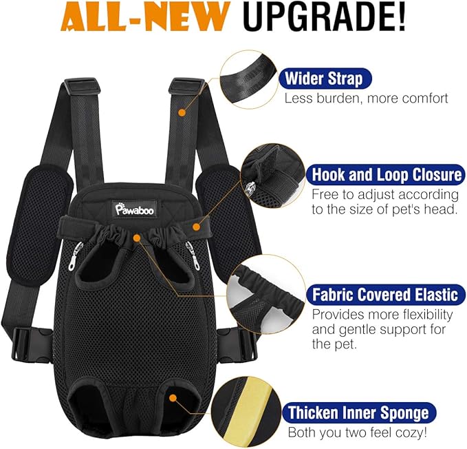 Pawaboo Pet Carrier Backpack, Pet Front Dog Cat Carrier Backpack, Legs Out, Easy-Fit for Traveling Hiking Camping, Travel Bag Backpacks for Small Dogs Cats, S, Black