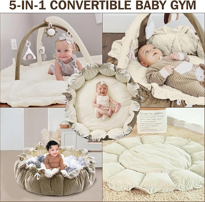 Little Dove 5-in-1 Convertible Baby Play Gym with 6 Toys, Tummy Time Mat for Sensory Development, Baby Activity Center for Newborn & Toddler, Ball Pit, Soft Pet Mat, No Ball Included Brown