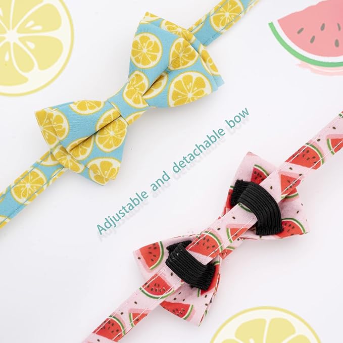 Faygarsle 2 Pack Cute Cat Collar with Bell Breakaway Bowtie for Male Female Cats Soft Fancy Pink Yellow Watermelon Lemon Pattern Spring Summer Cat Collar for Boy Girl Cats