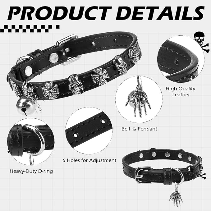 EXPAWLORER Cat Collar for Girl Boy Cats - Adjustable Leather Pet Collar with Safety Elastic Belt,Personalized Punk Accessories Buckle Collars with Bell & Durable D-Ring, Skull(Black)