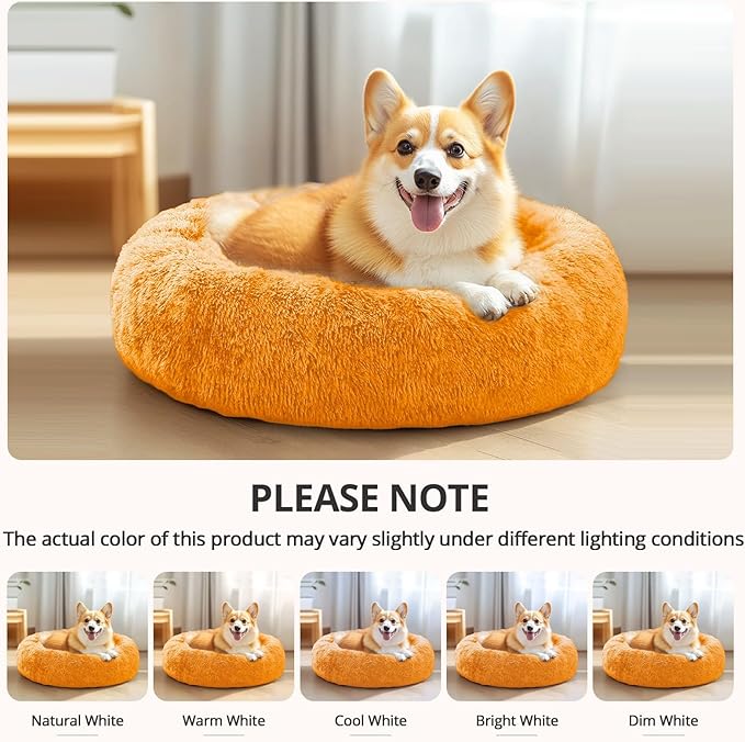 JOLLYVOGUE Calming Dog Bed for Small Dogs - 23 inches Donut Washable Small Dog Bed for Kittens & Puppies, Anti-Slip Round Fluffy Plush Faux Fur Cat Beds (Fits up to 25 lbs Pets, Orange)
