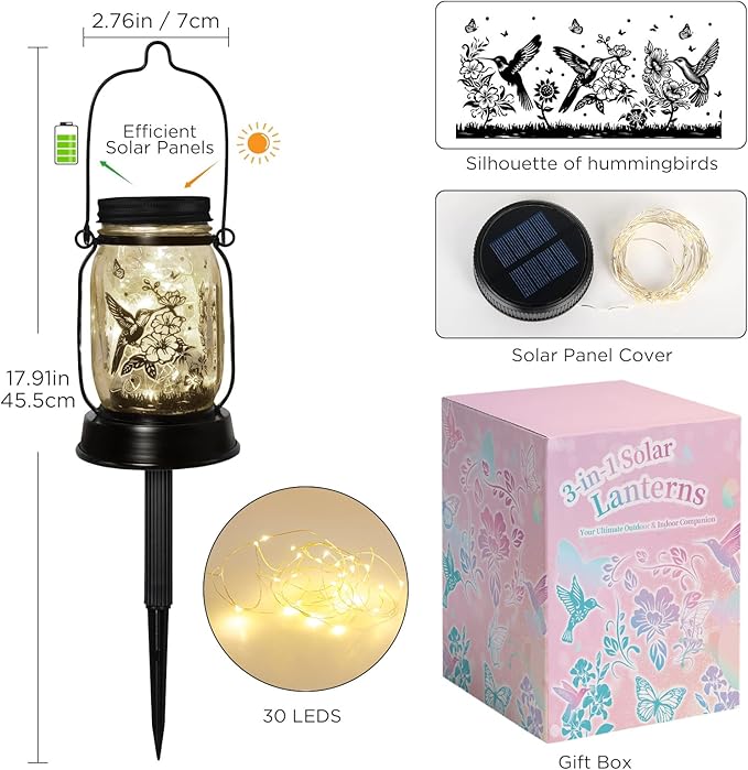 Solar Lanterns Outdoor Garden Decor Valentine's Day Gifts for Women Hummingbird Gift for Women Mom Grandma Sister Birthday, Hanging Solar Light Home Decor for Yard, Patio,Backyard,Porch,Torch