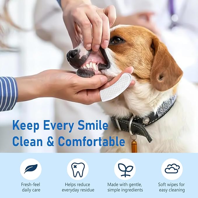 80 Counts Pet Dental Finger Wipes for Dogs and Cats - Disposable Dog Teeth Cleaning Wipes for No-Rinse Daily Oral Care, Pet Tooth Cleaning Wipes
