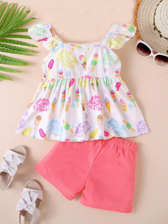 Toddler Baby Girls Summer Clothes Outfits Ruffled Sleeve Dinosaur Shirt Leopard Tops and Shorts Pants Sets 2PCS