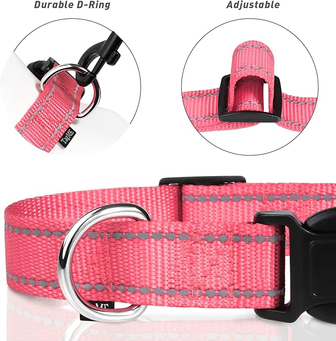 TagME Reflective Nylon Dog Collars, Adjustable Classic Pet Collar with Quick Release Buckle for Extra Large Dogs, Baby Pink, 1¼" Width