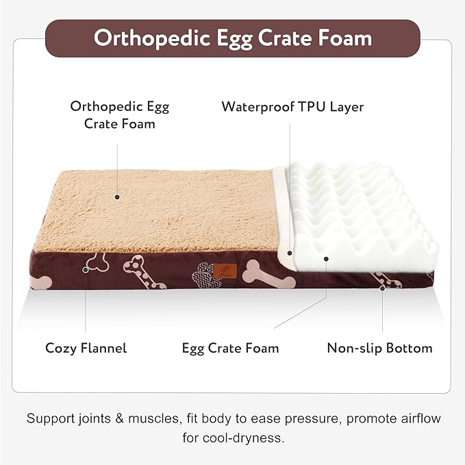 Waterproof Orthopedic Dog Bed for Extra Large Dogs 41x27x4 Inch - Egg Crate Foam Pet Crate Bed with Removable Washable Cover, Plush Top Anti-Slip Bed Mat, Chocolate