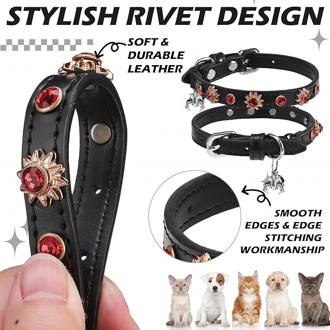 EXPAWLORER Cat Collar for Girl Boy- Adjustable Leather Pet Collar with Safety Elastic Belt,Personalized Punk Accessories Buckle Collars with Bell & Durable D-Ring,Red Diamond Sunflower
