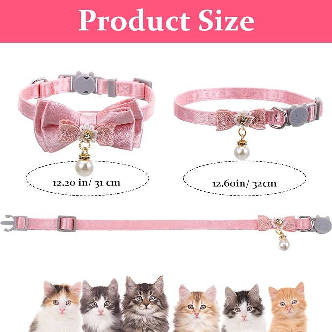 2 Pack Pink Cotton Cat Collars for Girl Cats, Cute Pearl Bow Kitten Collar Breakaway Safety Buckle Cats Pet Collars Adjustable from 7.9 to 11.8 Inches