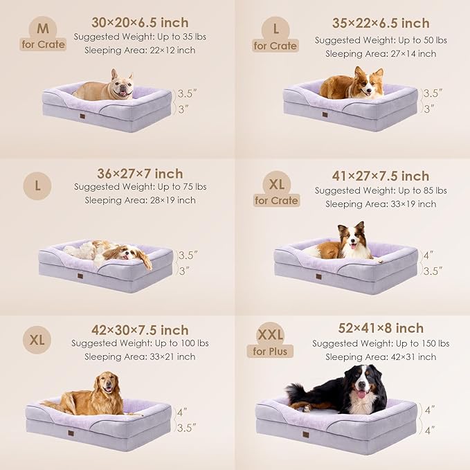 EHEYCIGA Orthopedic XL Dog Bed for Large Sized Dog, 42x30x7.5 Inch Extra Large Memory Foam Dog Couch Bed with Sides, Waterproof Liner & Washable Removable Cover, Purple