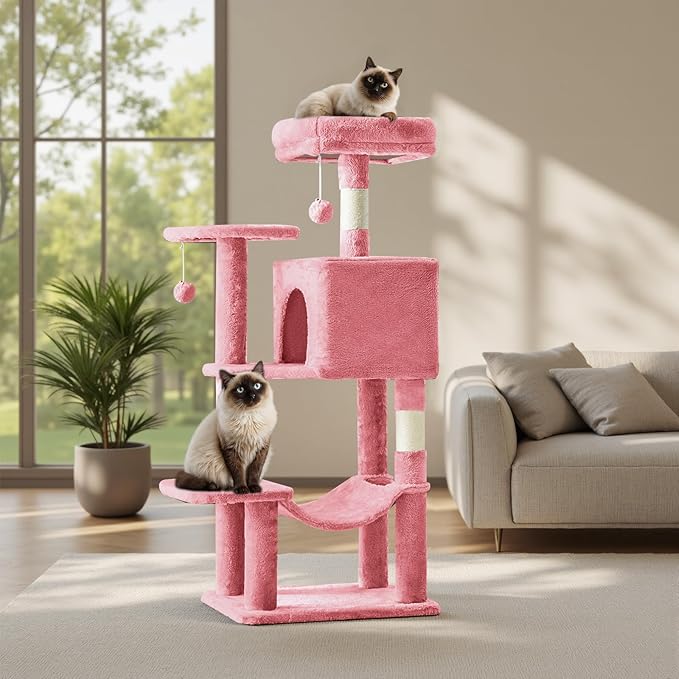Sweetcrispy 44 Inch Cat Tree Tower, Cat Climbing Tower with Natural Sisal Scratching Posts, Hammock, Pet Condo for Indoor Cats and Kittens Play, Pink